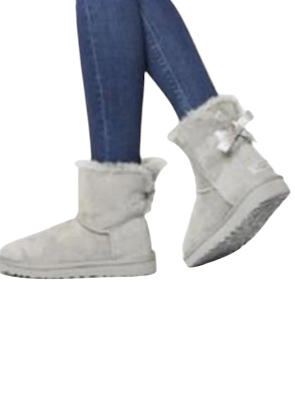 UGG Mini Bailey Light Gray Satin Bow Shearling Boots - 7